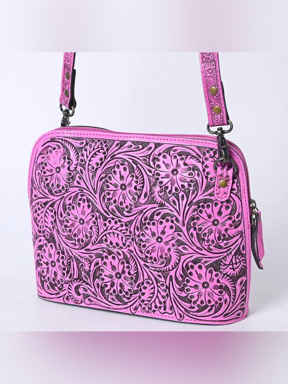 Western Bag Floral Tooled Pink Leather Crossbody Bag
